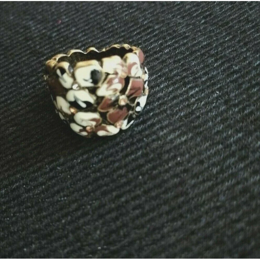 Vintage Enamel Floral Rhinestone Ring Size 7.5